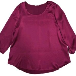 Eileen Fisher Women's Burgundy Red 100% Silk Blouse Top 3/4  Sleeve Scoop Neck